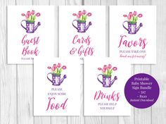 four cards with pink flowers in a watering can