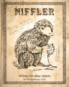 an old book with the words niffler on it and a drawing of a monkey