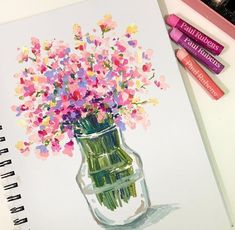 a drawing of a vase filled with pink and purple flowers