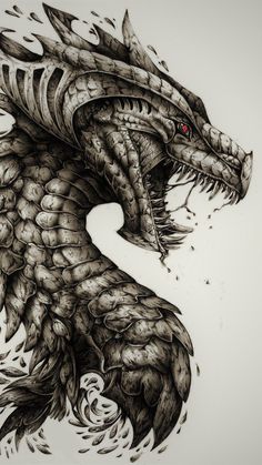 a black and white drawing of a dragon with its head turned to the side, it is