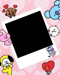 an image of some cute cartoon characters on a pink background with hearts and teddy bears