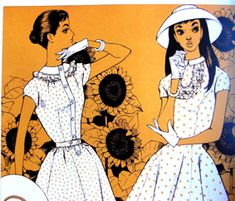 two women in dresses and hats are standing next to each other with sunflowers behind them