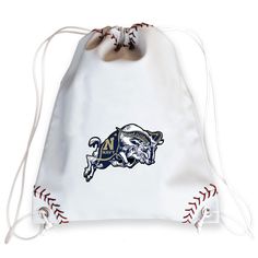 a white drawsack bag with a blue and gold logo on the front, baseball laces at the bottom