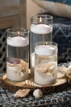 three candles sitting on top of a wooden slice next to seashells and shells