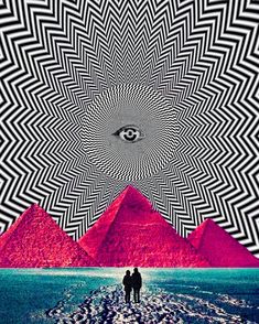 two people standing in front of mountains with an all seeing eye on the top and bottom