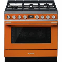 an orange stove with four burners and two oven doors