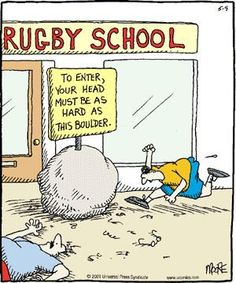 a cartoon depicting a man hitting a huge rock with a hammer in front of a sign that says rugby school