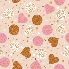 a pattern with hearts and sprinkles in pink, brown and white colors