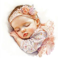 a painting of a baby girl sleeping with her head resting on her hands and eyes closed