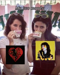 two women drinking from coffee cups with the caption my two mods on them