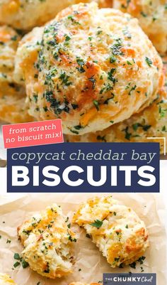 some biscuits with cheese and herbs on them are shown in three different pictures, the top one is cheddar bay biscuits