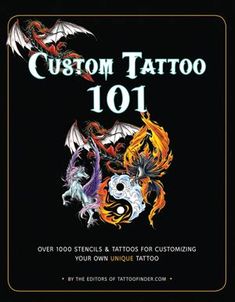 the book cover for custom tattoo 101, featuring dragon and yin - yang symbols on black background