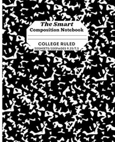 the smart composition notebook college rules, black and white paper with small letters on it