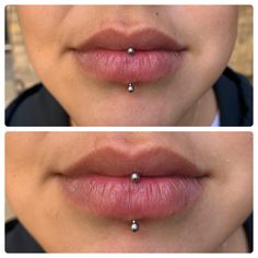 two pictures of the same woman's lips with different piercings on their tongue