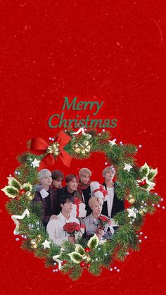 a group of people standing next to each other in front of a red background with the words merry christmas