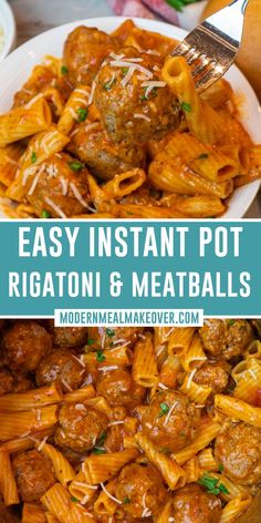 Pasta and meatballs in a white bowl. Rigatoni And Meatballs, Wellington Bites, Easy Instant Pot Pasta, Meatball Pasta Recipes, Ground Beef Recipes Pasta, Beef Recipes Pasta, Pasta And Meatballs, Crockpot Ground Beef Recipes, Crockpot Ground Beef