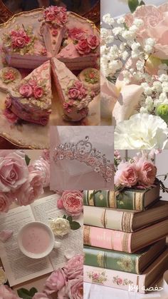 a collage of pink and white flowers, cake, books, and teacup