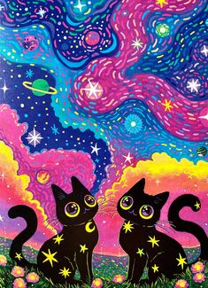 two black cats sitting in the grass under a night sky with stars and planets on it