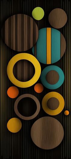 an abstract painting with circles and lines on the bottom, in shades of brown, blue, yellow and green