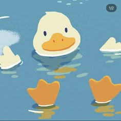 a duck floating on top of water next to icebergs and snow flakes