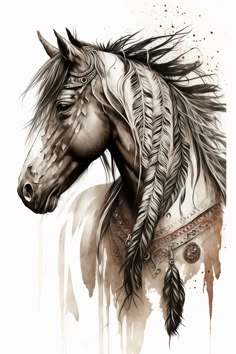 a drawing of a horse with feathers on it's head