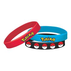 two rubber bracelets with pokemon characters on them, one is red and the other is blue