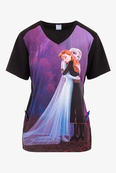 Tooniforms Disney s Frozen Sisters Together Women s 1-Pocket STRETCH V-Neck Print Scrub Top • Modern classic fit • V-neck • Contrast banding on neckline • 1 Kangaroo pocket • Short contrast sleeve • Contrast side panels • Back vents • Features Disney s Elsa and Anna hugging from Frozen on a forest background in shades of purple • Approximate length for size M is 27 1 4 • Manufacturer style TF637-FZHG Made with a sustainable poly-spandex blend, our Tooniforms scrubs are the perfect silky and stre Elsa And Anna Hugging, Frozen Sisters, Elsa And Anna, Black Grapes, Disney Elsa