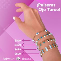 a woman's hand with several bracelets on it and the words pulseras ojo turo