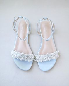 Light Blue Satin Flat Sandal With Perla Applique Bridesmaid - Etsy Flat Sandals Wedding, Perfect Wedding Shoes, Bridal Flats, Wedding Shoes Flats, Girls Flats, Evening Flats, Wedding Flats, Wedding Guest Shoes, Bridesmaid Shoes