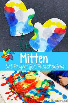 mitten art project for preschoolers with the title overlay that reads mitten art project for preschoolers