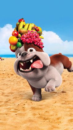 a cartoon dog with fruit on his head standing in the sand and smiling at the camera