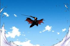 an anime character flying through the air with his wings spread out and two other people in the background