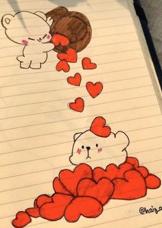 a drawing of two teddy bears with hearts coming out of them, and one bear holding a heart