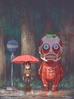 a cartoon character holding an umbrella next to another character