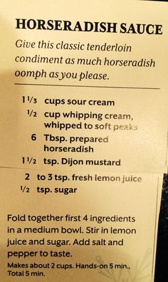 a menu for horseradish sauce on a table