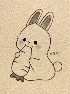 a drawing of a rabbit sitting on the ground with its head in his hands and eyes closed