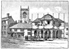 an old black and white drawing of a building with people standing in front of it