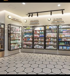 the inside of a pharmacy store with shelves full of medicine