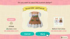 an animal crossing character is shown in the game's costume creation screen, which appears to be for sale