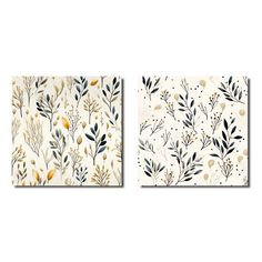 two paintings with plants on them, one in white and the other in gold foil