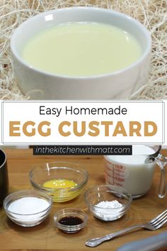 an egg custard recipe is shown with eggs and other ingredients on the table