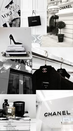 black and white photos with chanel logo on them, books, perfume bottles, purses