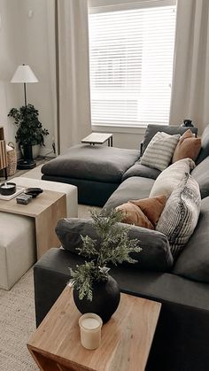 a living room with two couches and a coffee table in front of the window