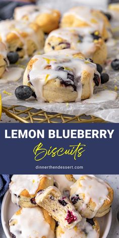 lemon blueberry biscuits with icing on a plate