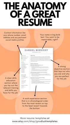 the anatomy of a great resume is shown in this info sheet, which shows how to write