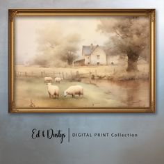 a painting on the wall of a house with sheep grazing in front of it,