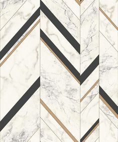 a white marble wallpaper with black and gold lines on it's sides, as well as a herringbone pattern