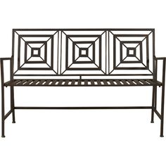 a metal bench with four square designs on the back and sides, against a white background