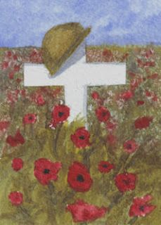 a painting of a white cross surrounded by red flowers