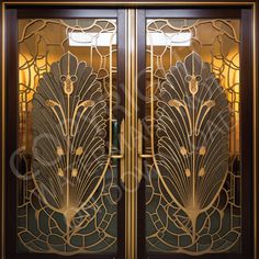 an intricately designed glass door with gold trimmings and art deco style design